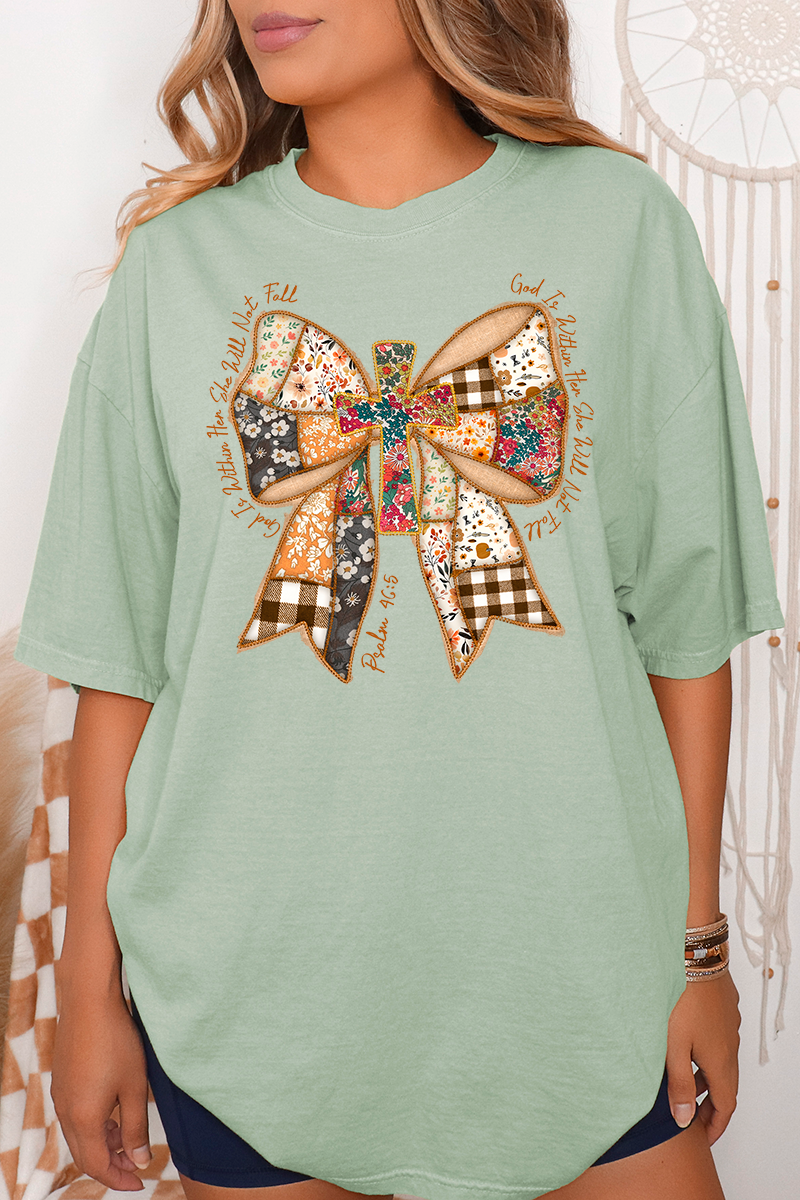 God Is Within Her Patchwork Bow Comfort Colors Adult Ring-Spun Cotton Tee