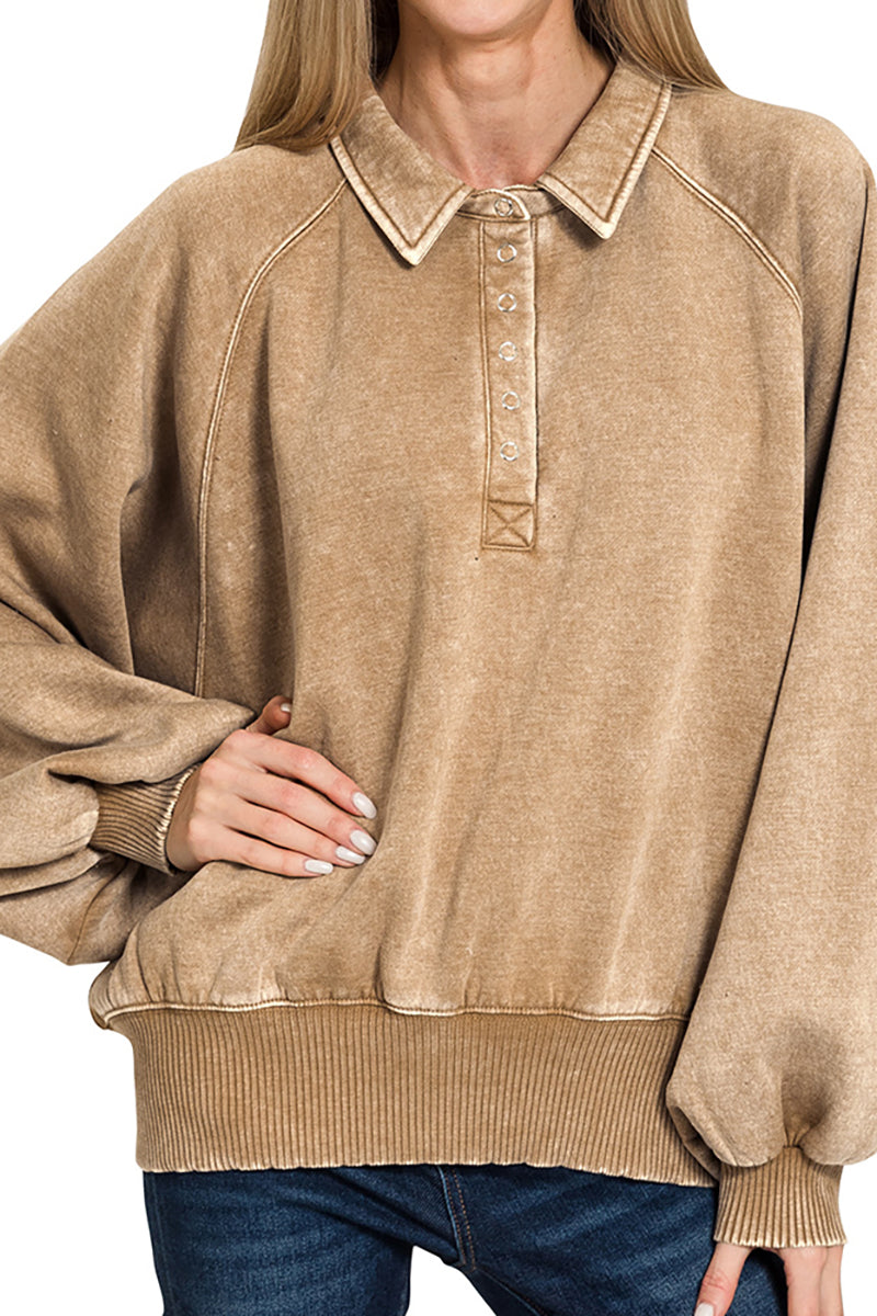 Bonfire Nights Deep Camel Acid Wash Button Collared Pullover product image 1