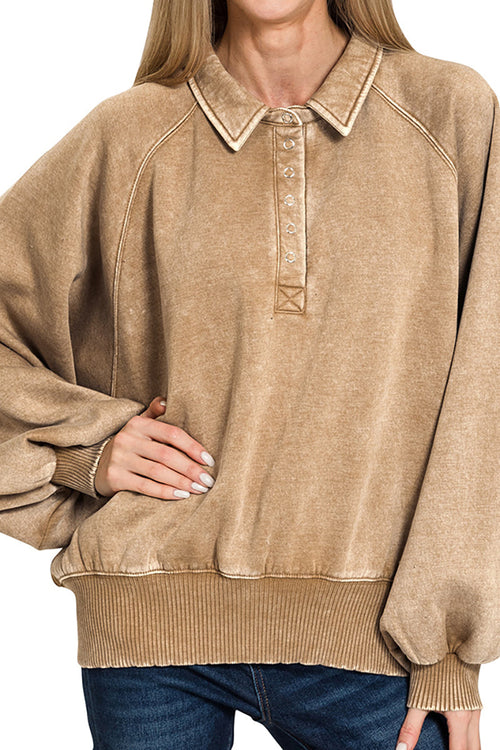 Bonfire Nights Deep Camel Acid Wash Button Collared Pullover product image 1