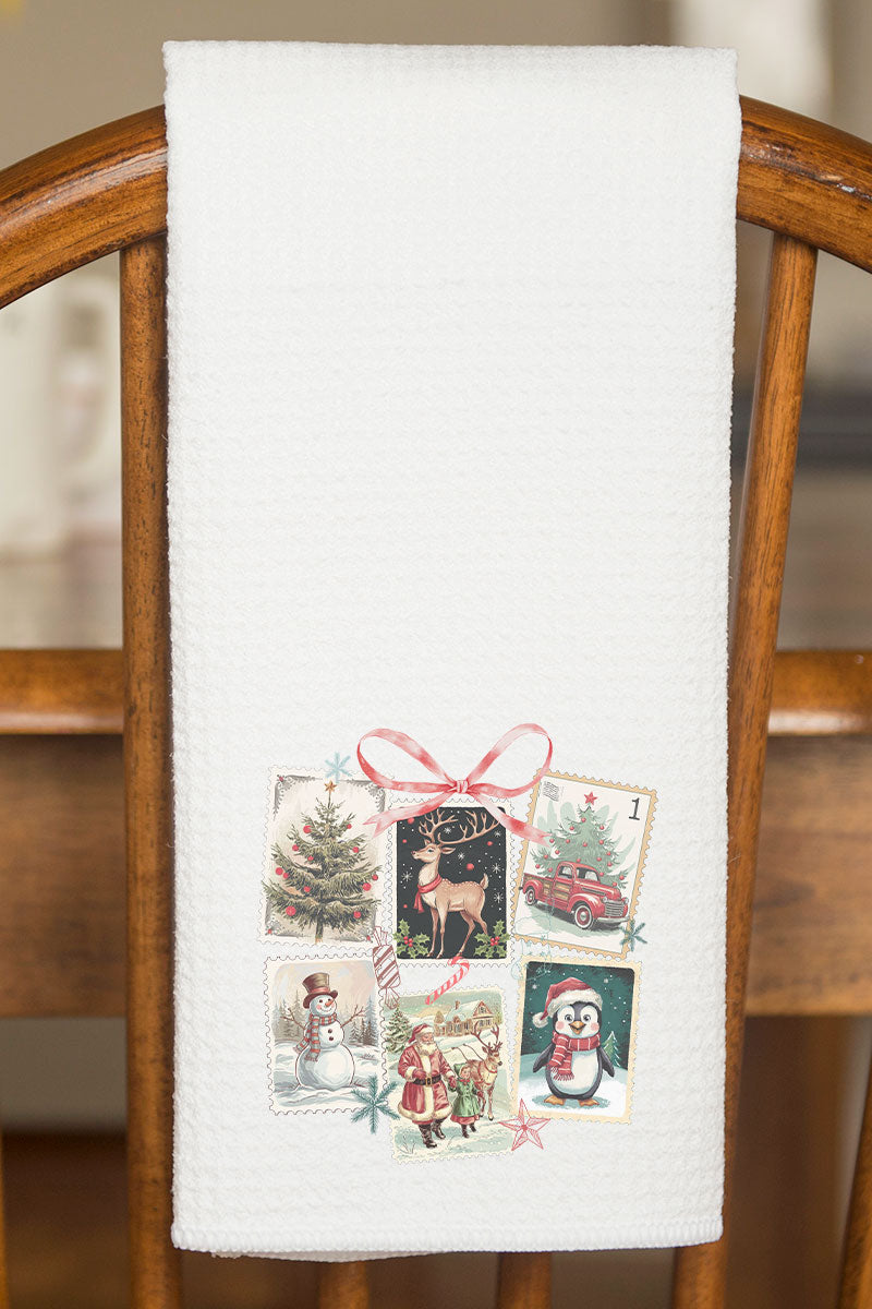 Christmas Vintage Stamps Waffle Kitchen Towel